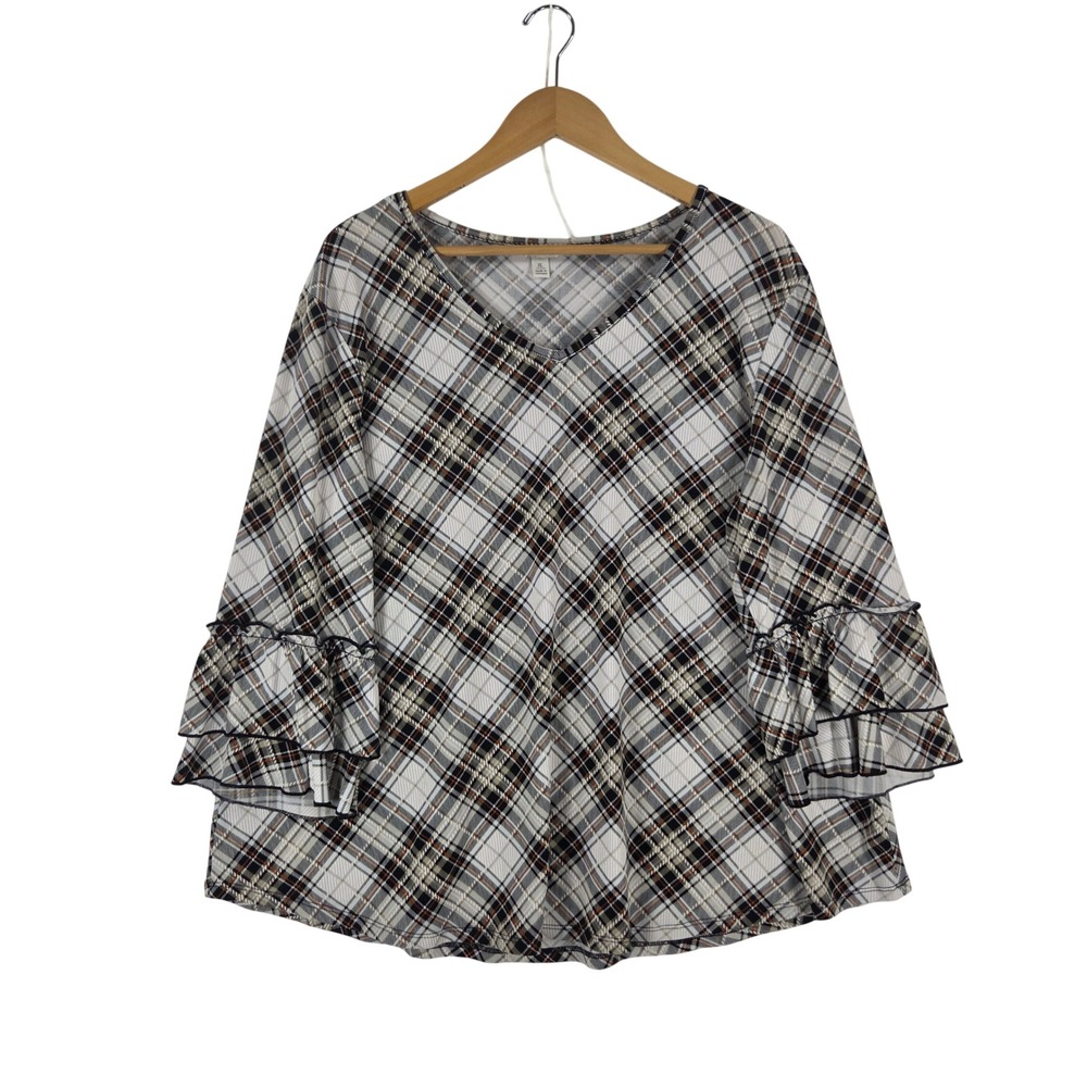 CATO Womens XL Plaid V-Neck Ruffle Bell Sleeve Knit Top Black White Orange